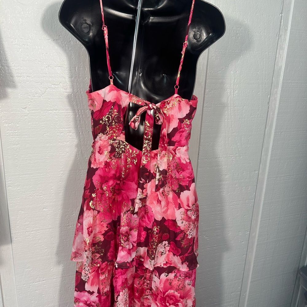 Crystal Doll Juniors' Tiered Pink Floral-Print Lurex Maxi Dress Size 5 EUC - Picture 8 of 9